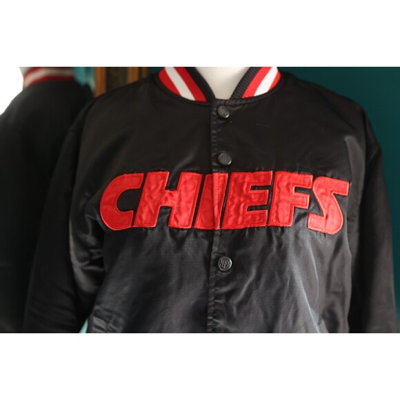 Vintage Kansas City Chiefs NFL Black Satin Bomber Button Jacket Large - Picture 6 of 12